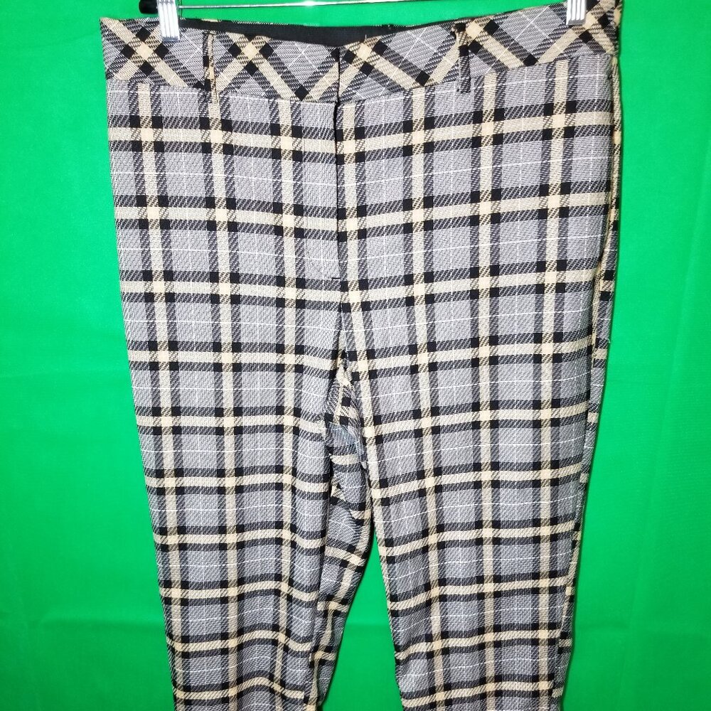 H&M Gray White & Pale Gold Plaid Pants Trousers Size 16 Office Retro Preppy